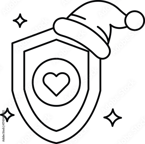 A shield with a heart on it and a Santa hat on top