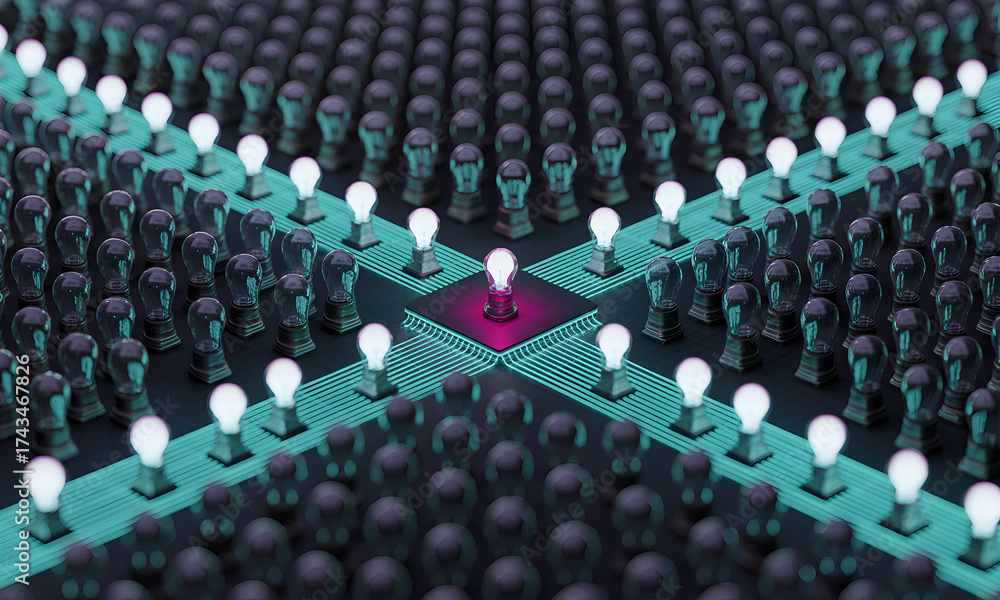 Fototapeta premium Concept of unique idea and leadership shown through illuminated lightbulb among other unlit bulbs