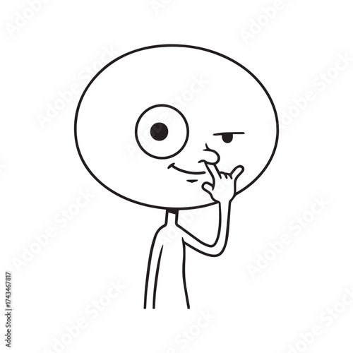 Funny cartoon meme character picking nose, simple black and white line art doodle.
