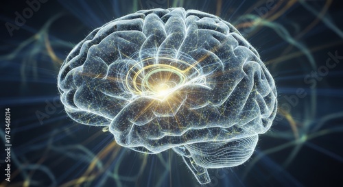 Stunning conceptual visualization of the human brain activity with glowing neural connections, perfect for science, technology, and medical applications