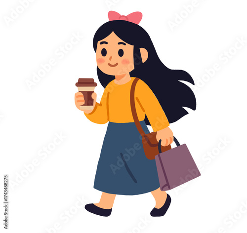 Illustration of Woman Walking with Coffee and Bags