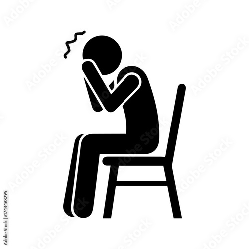 Stickman sitting on chair holding head icon. Sad man suffering from stress, depression, or anxiety, mental health problem concept, black silhouette vector illustration isolated on white background.