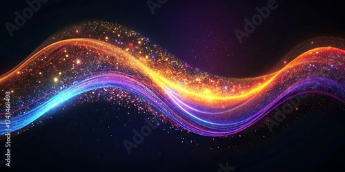 Vibrant wavy light streaks with sparkling particles against a dark background