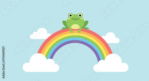 A happy frog sitting on a colorful rainbow with clouds in the sky.