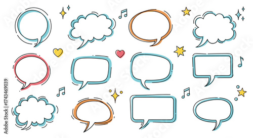 A collection of doodle style speech bubbles and thought bubbles.
