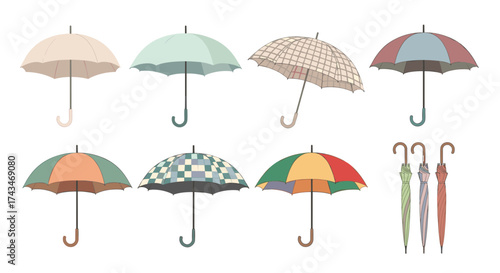 A collection of colorful and patterned umbrellas ready to protect you from the rain.