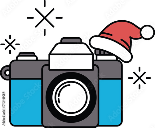 A camera with a hat on top of it