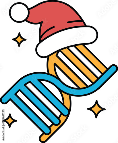 A black and white drawing of a DNA strand with a Santa hat on top