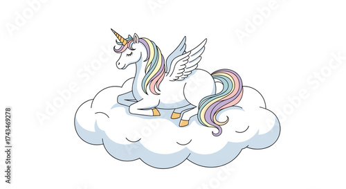 A beautiful winged unicorn rests peacefully on a fluffy cloud.