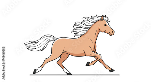 A majestic palomino horse gallops gracefully across a white background.