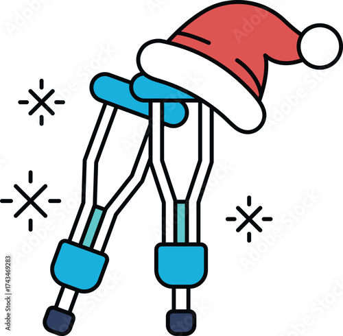 A black and white drawing of a pair of crutches with a hat on top of them