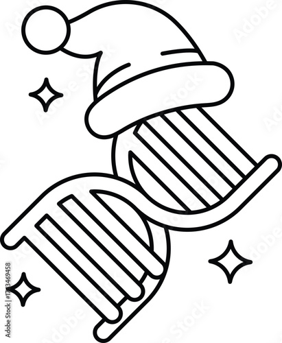 A black and white drawing of a DNA strand with a Santa hat on top