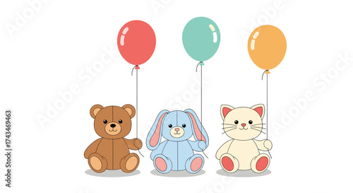 Three cute stuffed animals with three colorful balloons floating above.