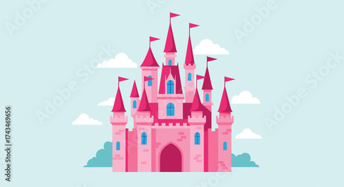A magical pink castle with tall towers stands against a sky.