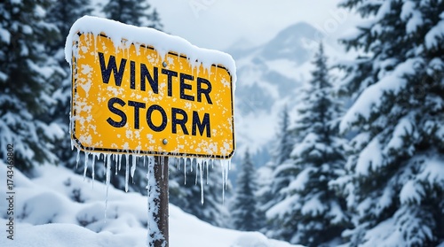 Winter storm warning sign in snowy forest landscape for weather advisory and travel safety information