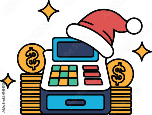 A calculator with a hat on top and a pile of money underneath it