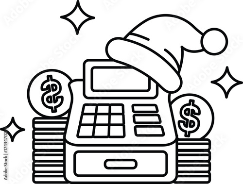 A calculator with a hat on top and a pile of money underneath it