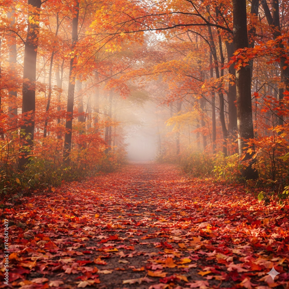Fototapeta premium Autumn forest path with misty glow.