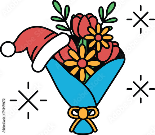 A bouquet of flowers is wrapped in a white paper and placed in a hat