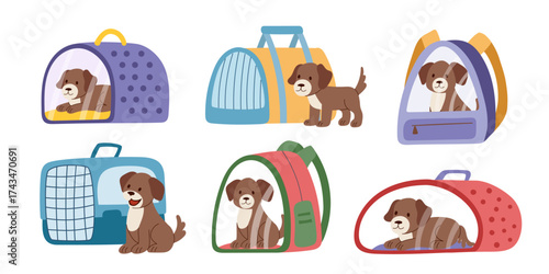 A set of dogs and carriers. Concept of travel with pet. Illustration of dogs sitting in the carrier or nearby it. Vector flat clipart.