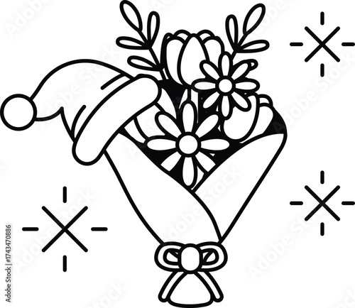 A bouquet of flowers is wrapped in a white paper and placed in a hat