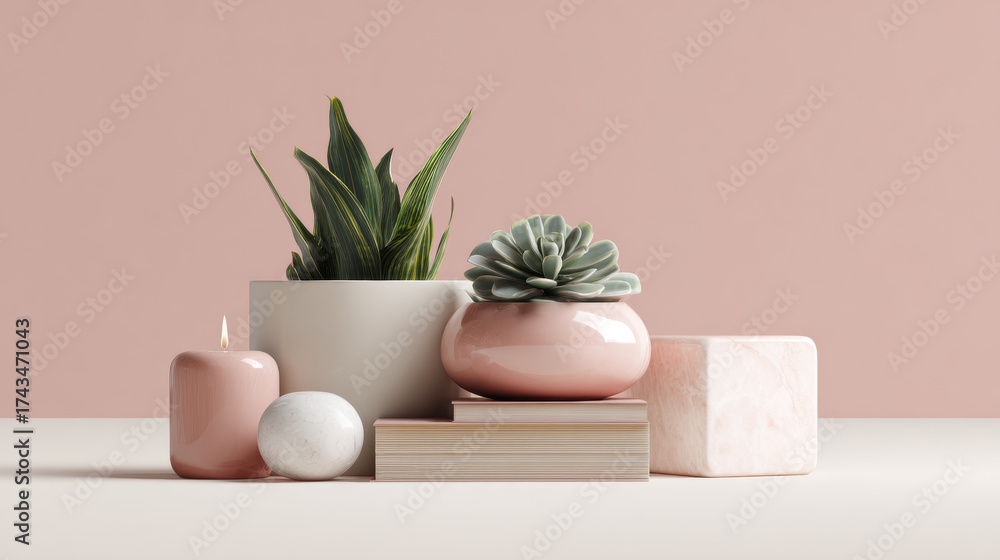Fototapeta premium a Mid-Century Modern-style decorative home item, on pastel pink background. 3d illustration