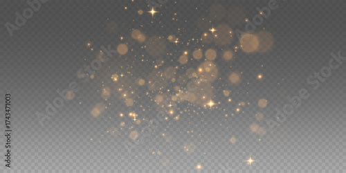 The light of gold dust, glowing sparkles and magical shimmer create festive Christmas dust background. Yellow flickering glow and bokeh particles shine on transparent PNG.