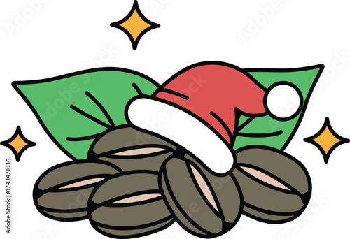 A black and white drawing of a hat on top of a pile of coffee beans