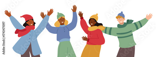 Young happy people. Happiness and celebration concept. Vector flat cliparts isolated on white background. Mid shoot.
