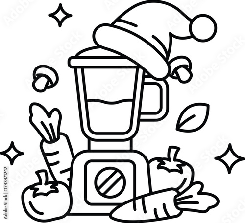A blender with a hat on it and vegetables on top