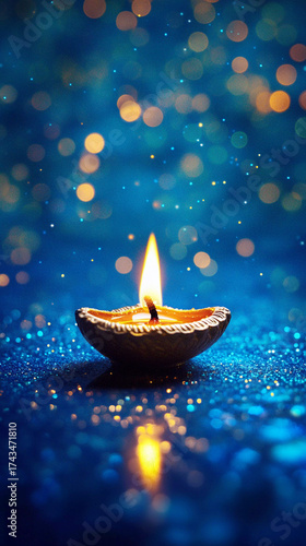 burning diwali diya on blue background 