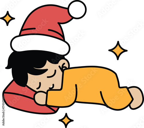 A cartoon of a child sleeping with a hat on
