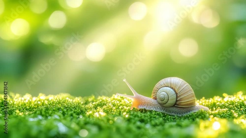 Selective focus. Snail crawling on bright green grass in sunlight