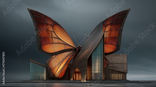Butterfly-Winged Structure: An artistic architectural marvel, blending nature and design in a unique form resembling a butterfly's wings, standing majestically against a dramatic backdrop.