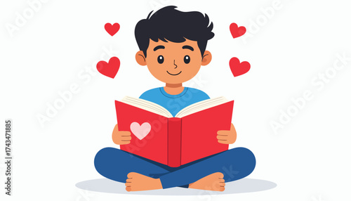 A boy sits cross-legged, reading a red book with a heart, surrounded by floating hearts.