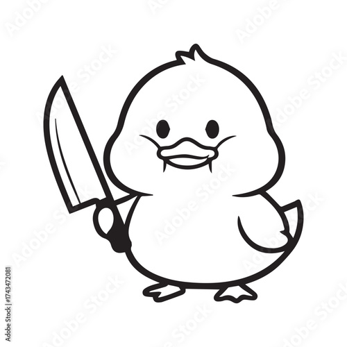 Cute cartoon duck holding a knife, funny but dangerous meme character, black and white line art illustration.
