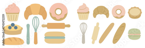 Colorful pastry and baking tools arranged on a simple background showcasing various desserts and baked goods