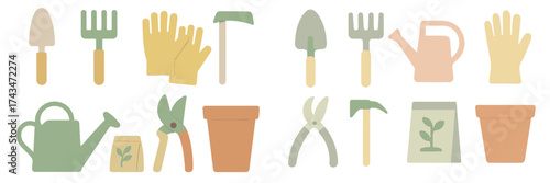 Gardening tools and equipment arranged in a simple and colorful design for plant lovers and hobbyists