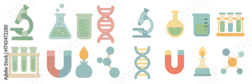 Colorful collection of science icons representing various laboratory tools and experiments in a modern style