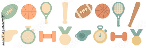 Colorful icons representing various sports equipment and medals on a white background