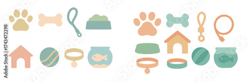Colorful pet icons representing various pet accessories and items for animal care and playtime