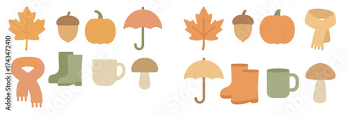 Colorful autumn symbols including leaves, pumpkins, and cozy accessories arranged in a playful design