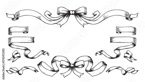 Vintage ribbon border with ornate bows and decorative curves, hand-drawn outline