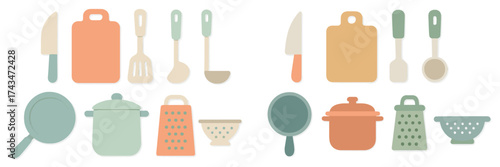 Kitchen utensils and cookware arranged neatly on a surface, showcasing a variety of cooking tools and items