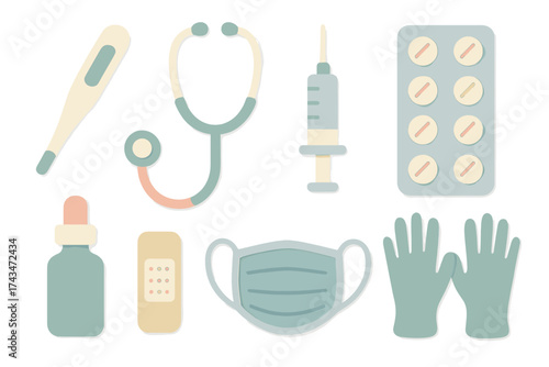 Collection of medical items including thermometer, stethoscope, syringe, and face mask used in healthcare settings
