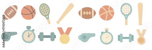 Colorful sport icons representing various athletic activities including football, basketball, tennis, and more in a fun design