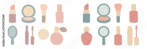 Collection of makeup items including lipsticks, brushes, and mirrors displayed on a light background
