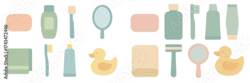 Bright and simple bathroom essentials arranged in a playful layout with colors and shapes