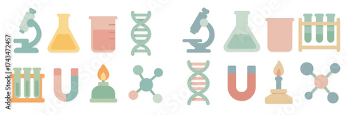Colorful science icons featuring laboratory equipment, DNA strands, and experimentation tools in a modern design