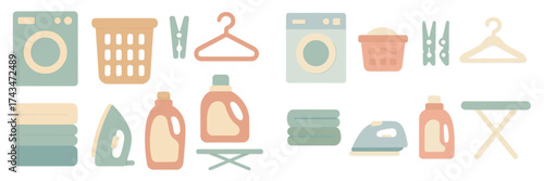 Laundry essentials including washing machine, detergent, and various items for a clean home environment